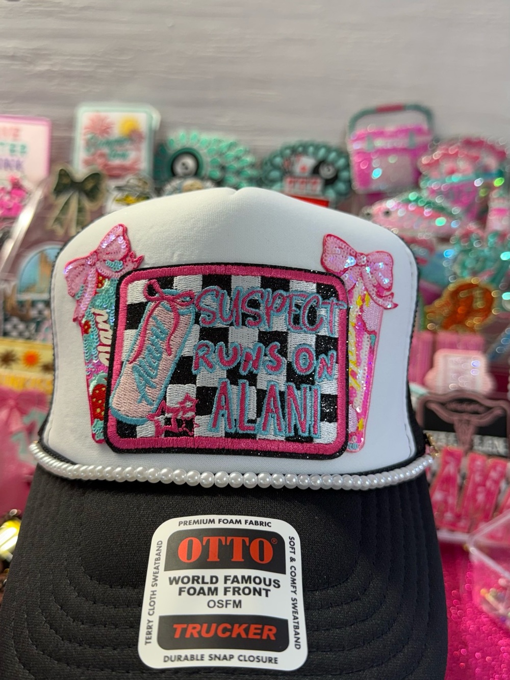 OTTO White & Black Trucker Hat with Pink Patch